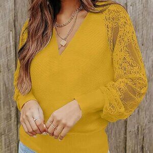 LARGE Womens Long Sleeve V Neck Hollow Out Lace Ribbed Knit Pullover